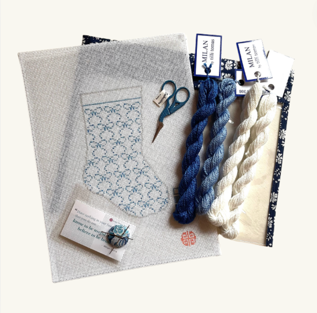 Blue Bows Mini Stocking Needlepoint Kit 13 mesh