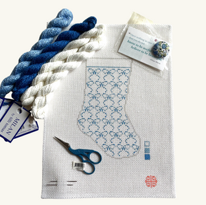 Holiday 2024: Blue Bows Mini Stocking Needlepoint Kit 13 mesh