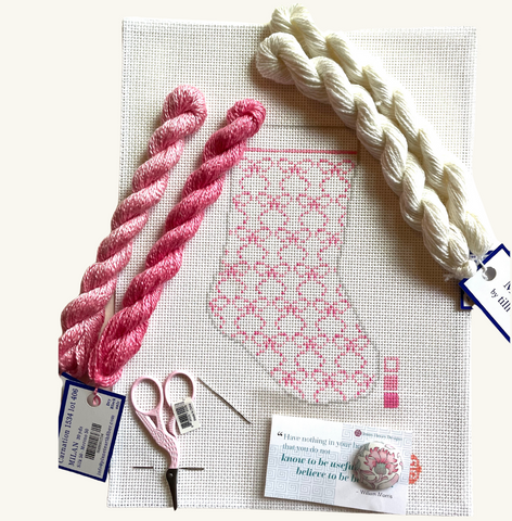 Holiday 2024: Pink Bows Mini Stocking Needlepoint Kit 13 mesh