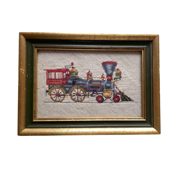 Vintage Needlepoint: Pair Framed Needlepoint Trains