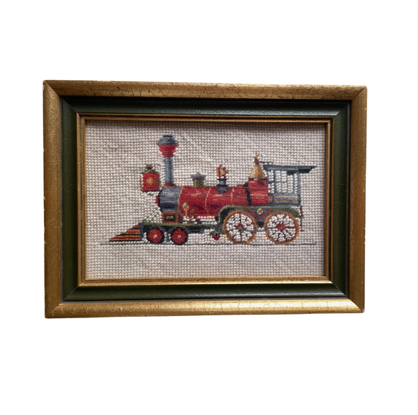 Vintage Needlepoint: Pair Framed Needlepoint Trains