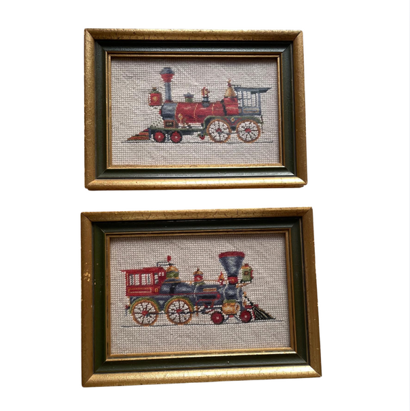 Vintage Needlepoint: Pair Framed Needlepoint Trains